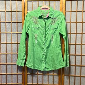 ROCK 47th, this beautiful neon green top has circle diamond snaps